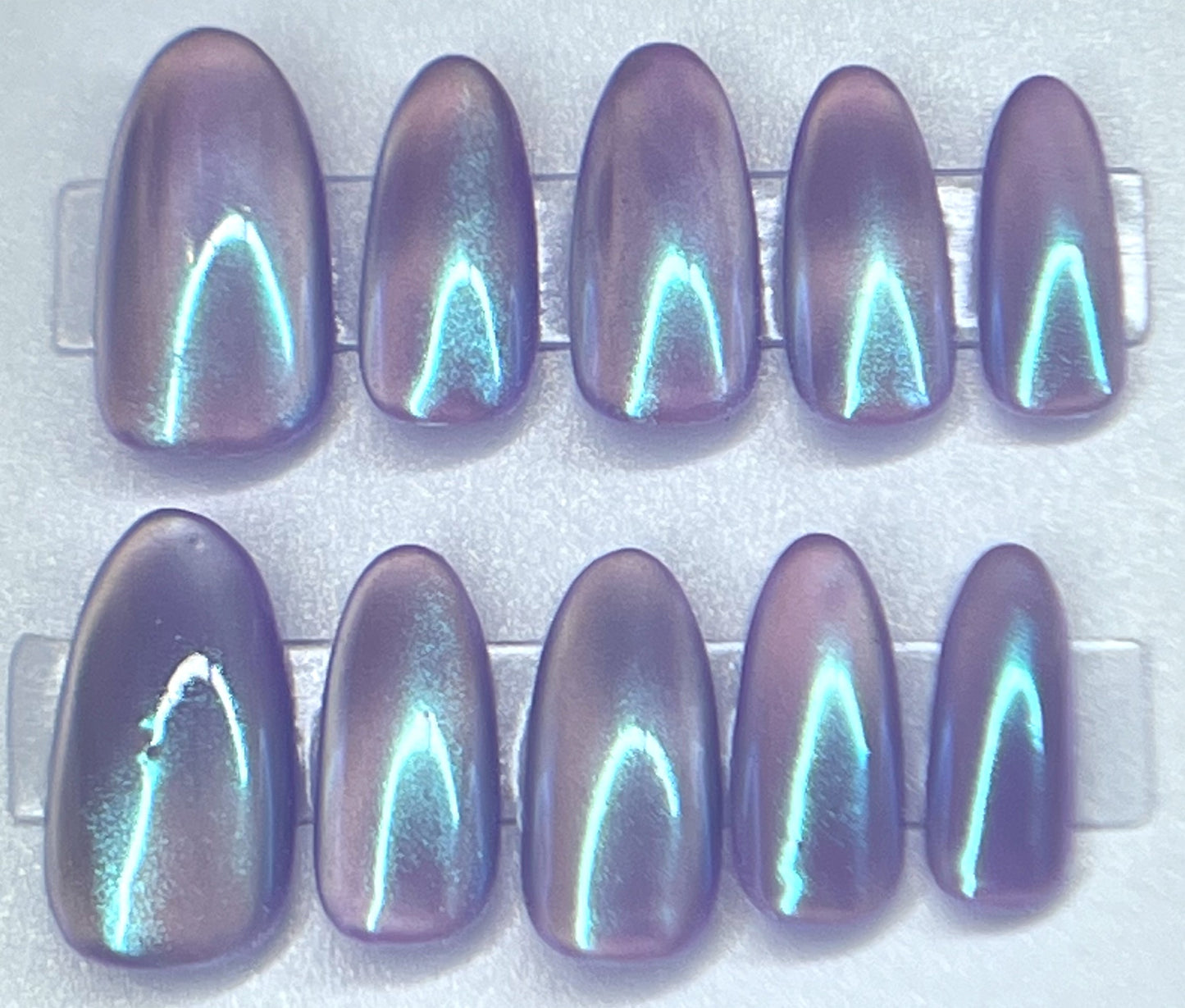 Neon Purple Mermaid Chrome Glass Velvet Cat Eye Press-ons Reusable | Purple Moon