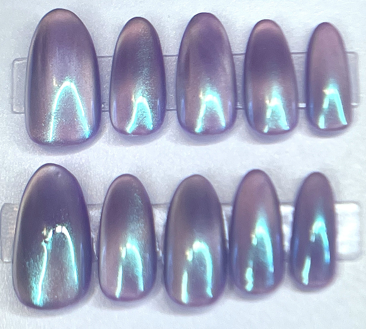 Neon Purple Mermaid Chrome Glass Velvet Cat Eye Press-ons Reusable | Purple Moon