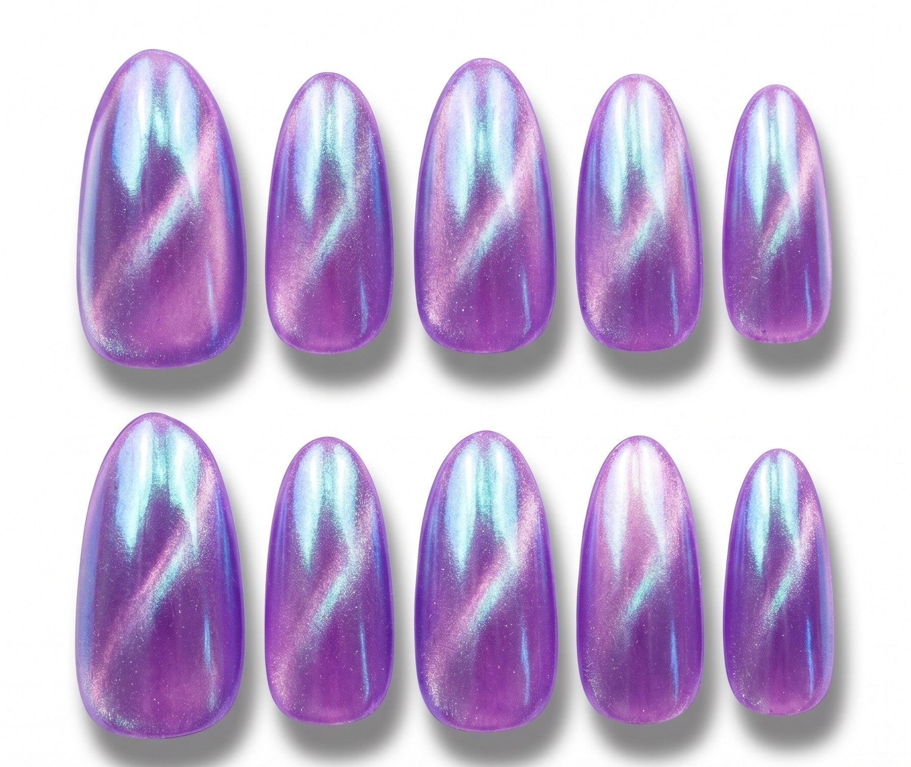 Ten handmade short almond press-on nails featuring a neon purple base with a shimmering glass velvet cat-eye magnetic effect. The entire set is finished with a reflective mermaid chrome powder that creates an iridescent, pearlescent glow, shown against a clean isolated white background.