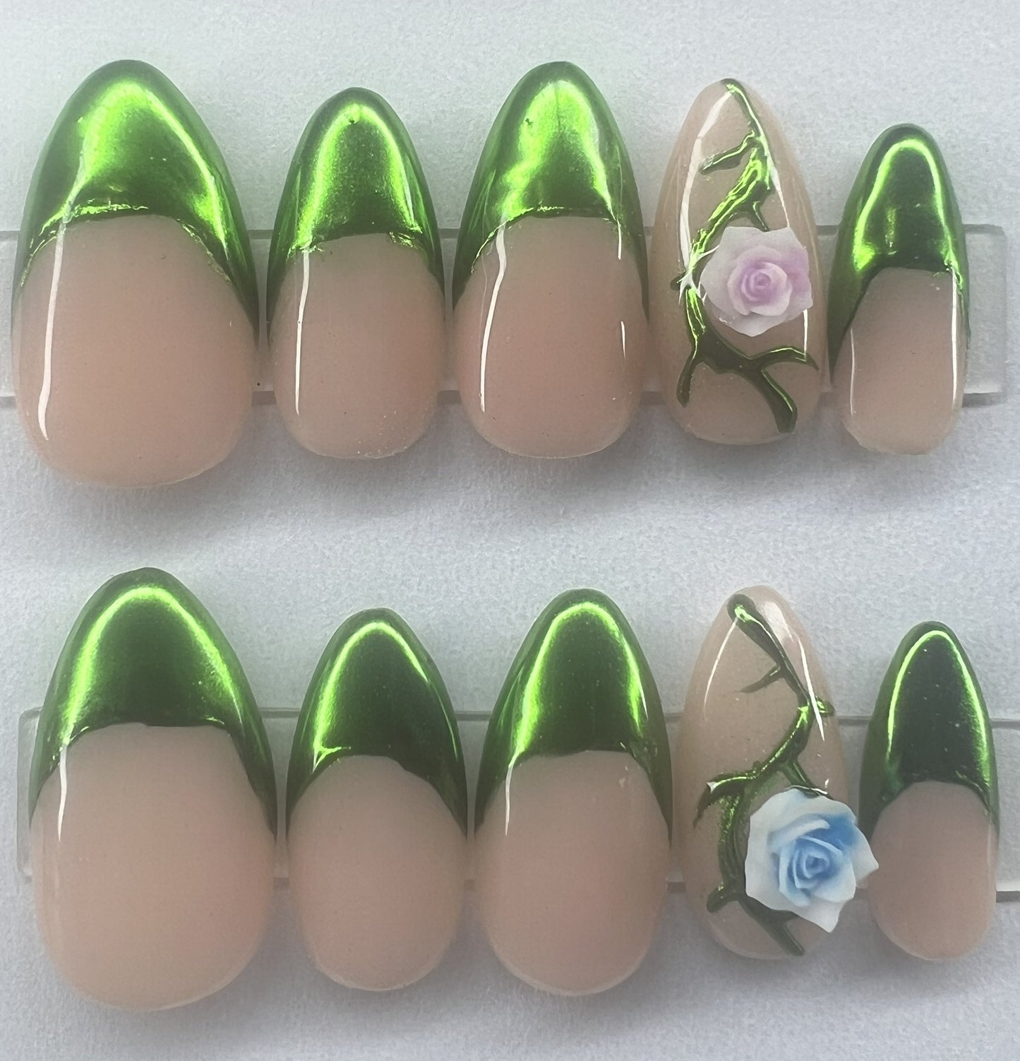 Fairycore Green Chrome French Tip Press-On Nails | Nude Rose Vine Charms | Enchanted Garden