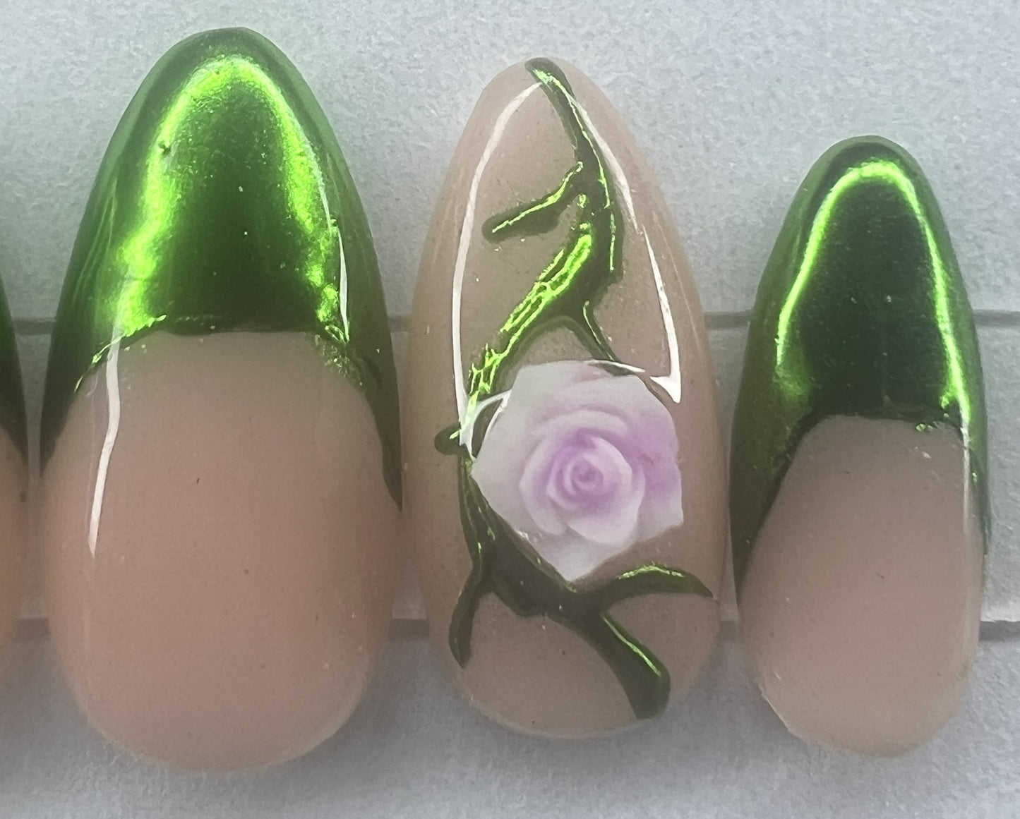 Fairycore Green Chrome French Tip Press-On Nails | Nude Rose Vine Charms | Enchanted Garden