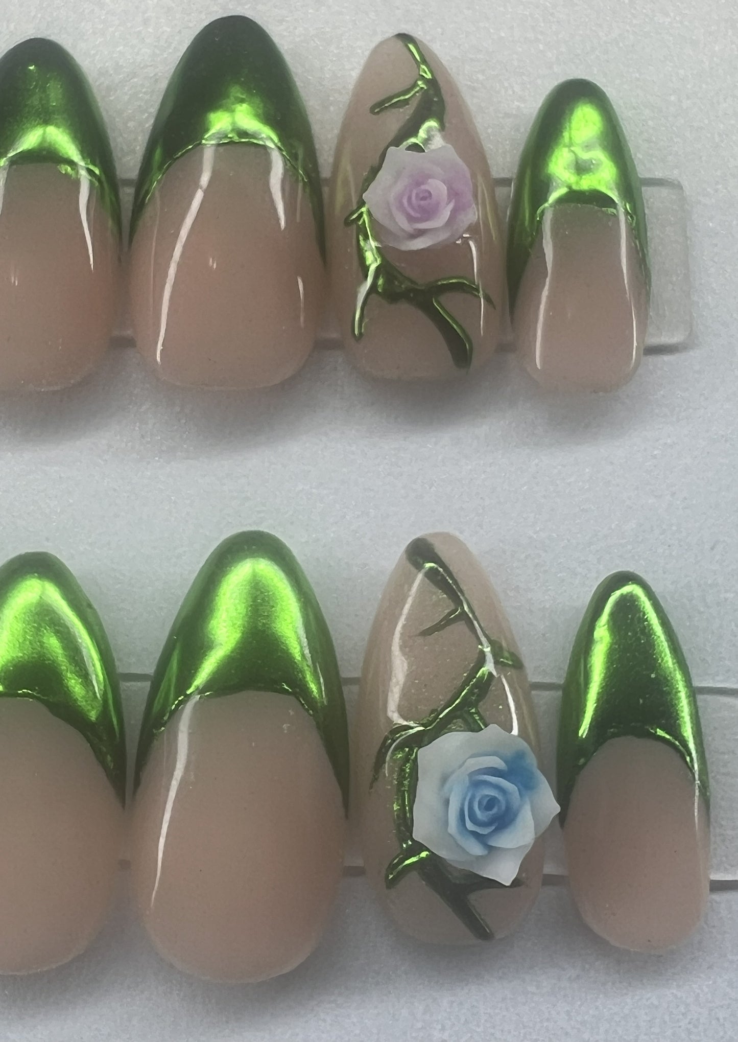 Fairycore Green Chrome French Tip Press-On Nails | Nude Rose Vine Charms | Enchanted Garden