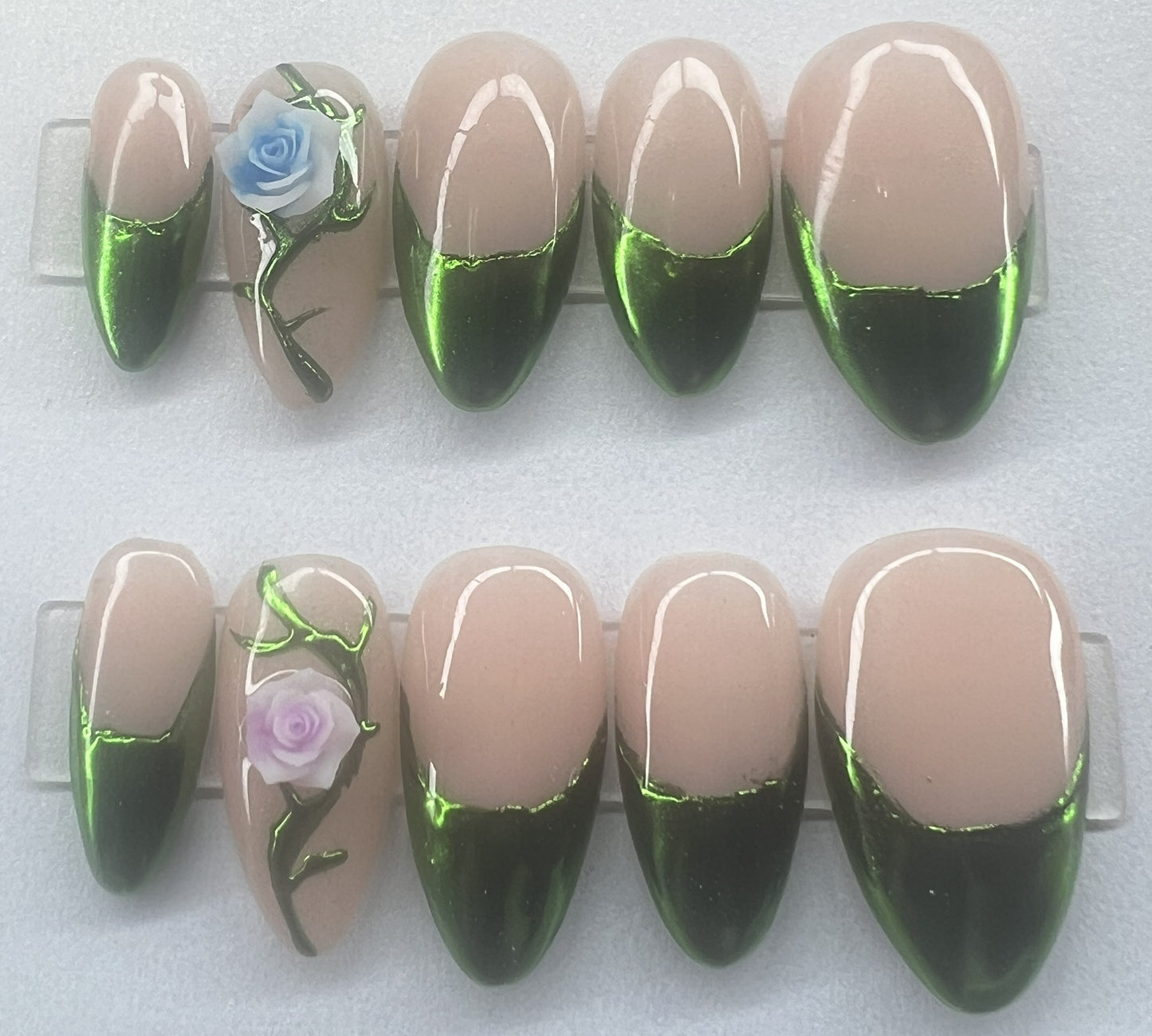Fairycore Green Chrome French Tip Press-On Nails | Nude Rose Vine Charms | Enchanted Garden