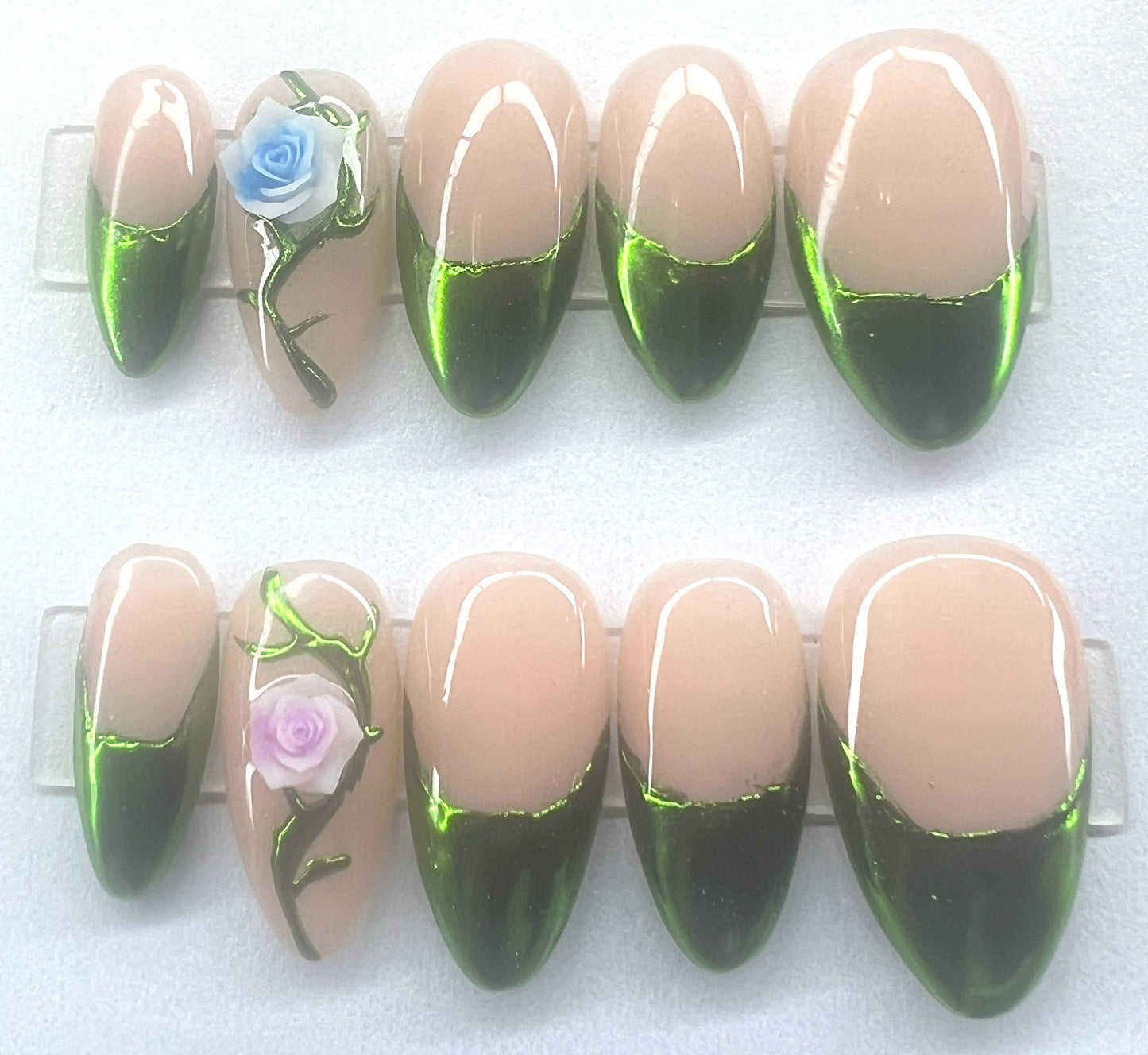 Fairycore Green Chrome French Tip Press-On Nails | Nude Rose Vine Charms | Enchanted Garden