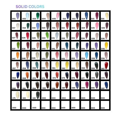Custom design press-on nail color chart featuring 100+ solid color options ranging from pastels and neons to deep earth tones and glitters. Each color is labeled with a unique three-digit reference number for custom ordering.