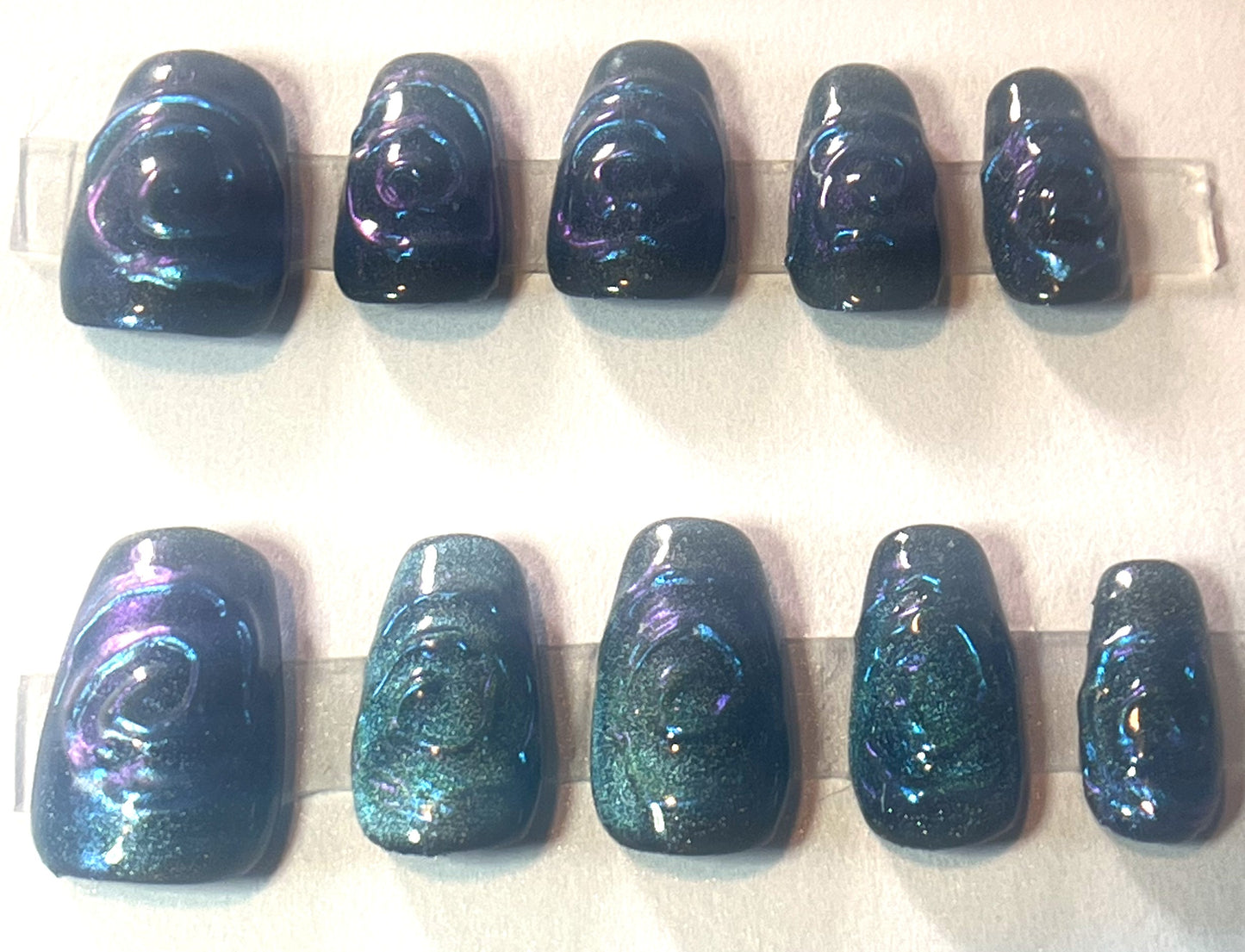 Teal Velvet Press-On Nails | 3D Chrome Swirl Cat Eye