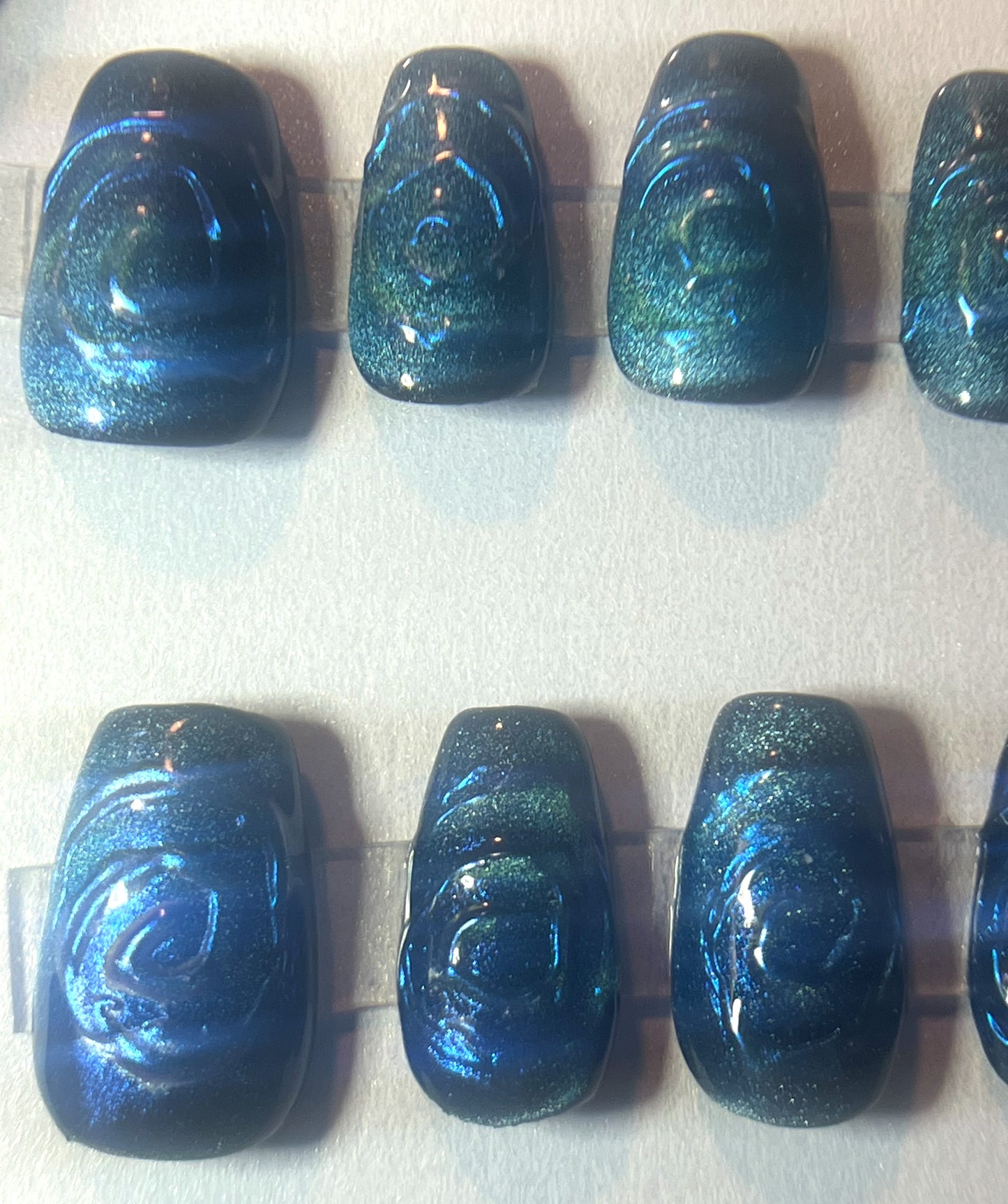 Teal Velvet Press-On Nails | 3D Chrome Swirl Cat Eye