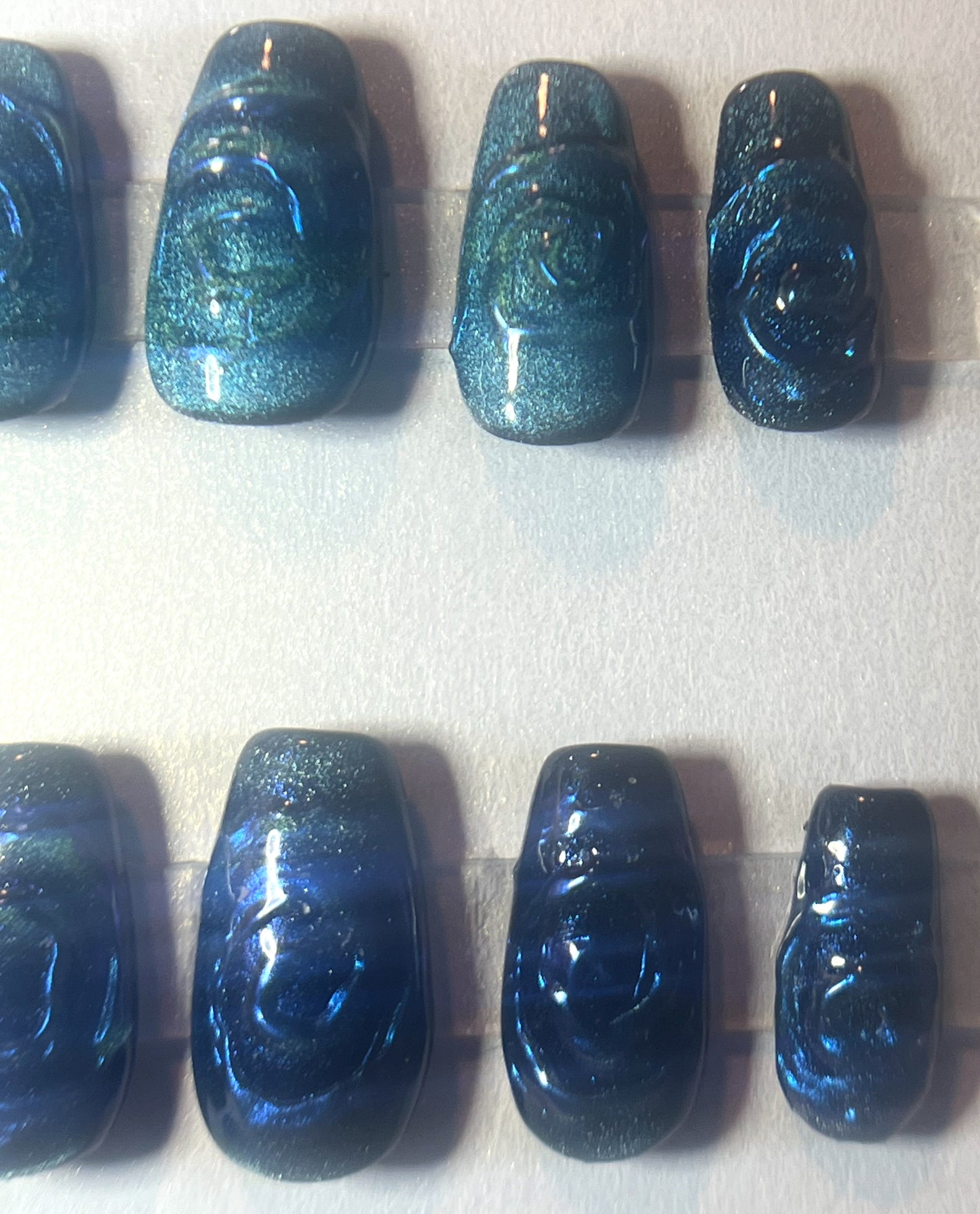 Teal Velvet Press-On Nails | 3D Chrome Swirl Cat Eye