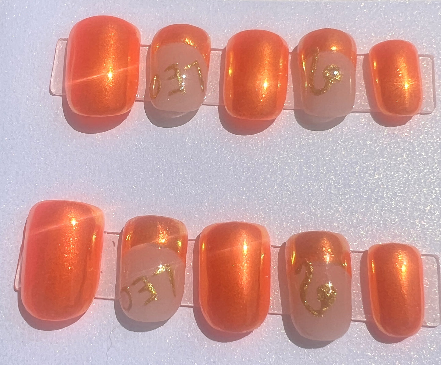 Sunburst Leo Zodiac Press On Nails Orange Yellow Chrome False Nails, Mismatched French Tip Astrology Nails, Custom Birthday Fake Nails