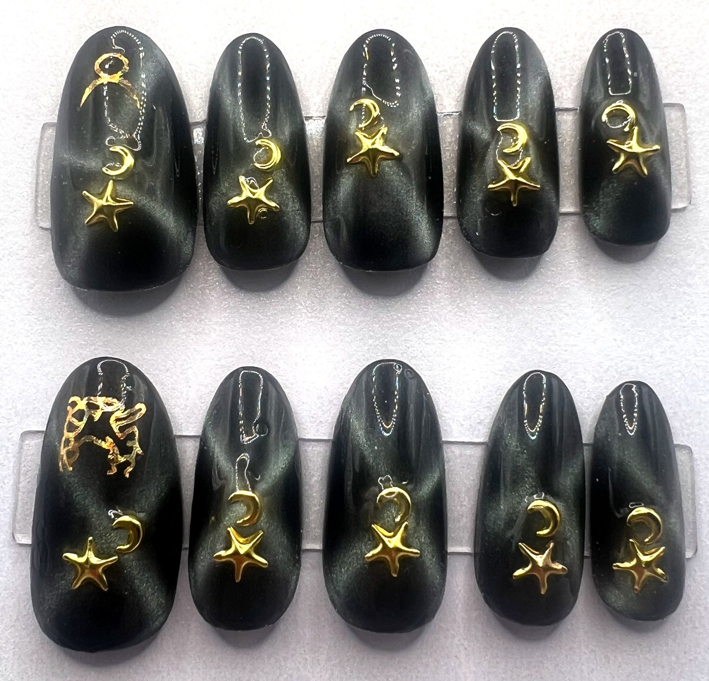 Black Gold Cat Eye Press-on Nails | Star Moon Charms | Taurus After Dark