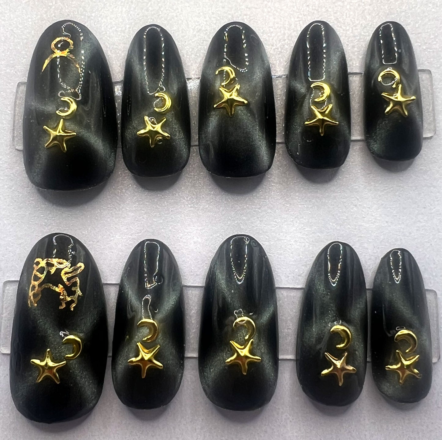 Black Gold Cat Eye Press-on Nails | Star Moon Charms | Taurus After Dark