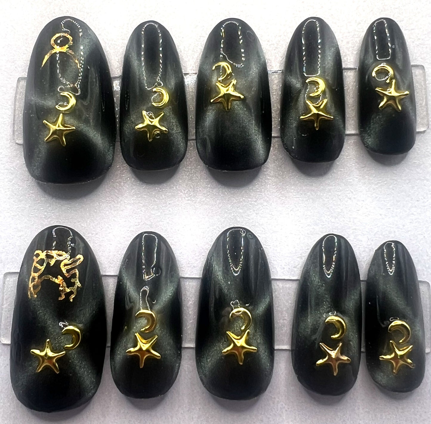 Black Gold Cat Eye Press-on Nails | Star Moon Charms | Taurus After Dark