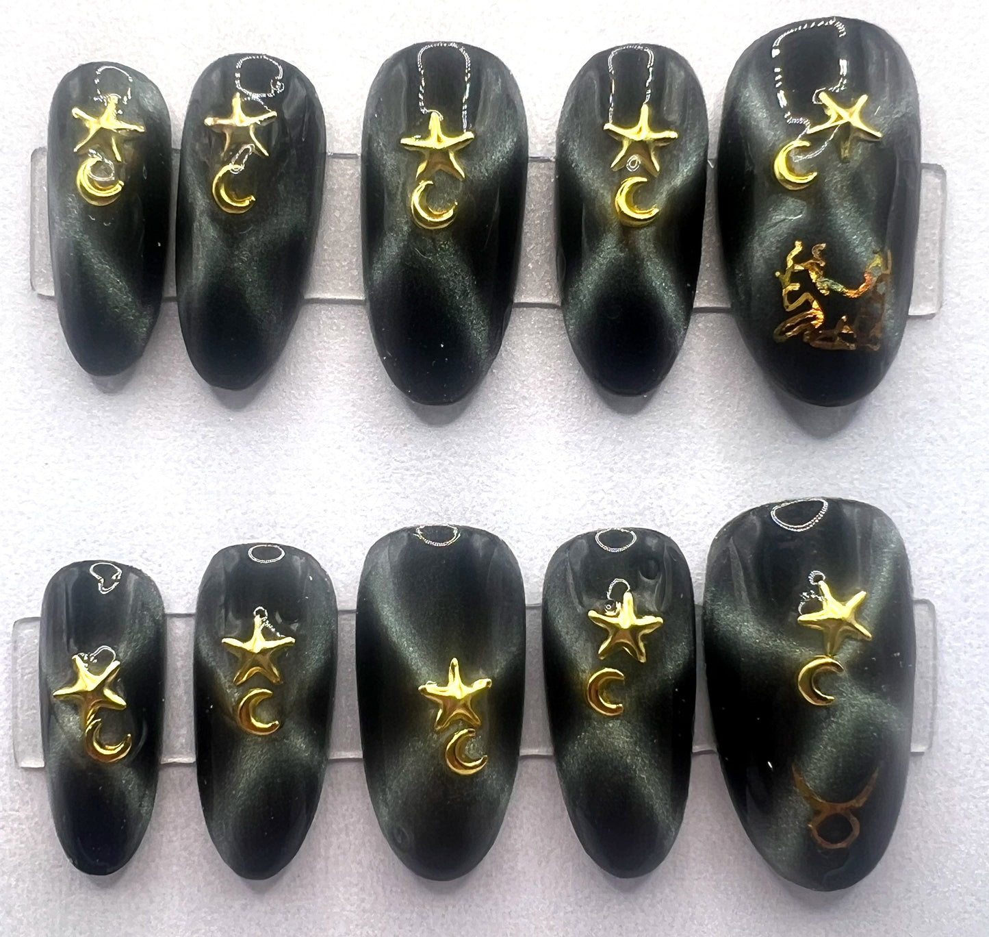 Black Gold Cat Eye Press-on Nails | Star Moon Charms | Taurus After Dark