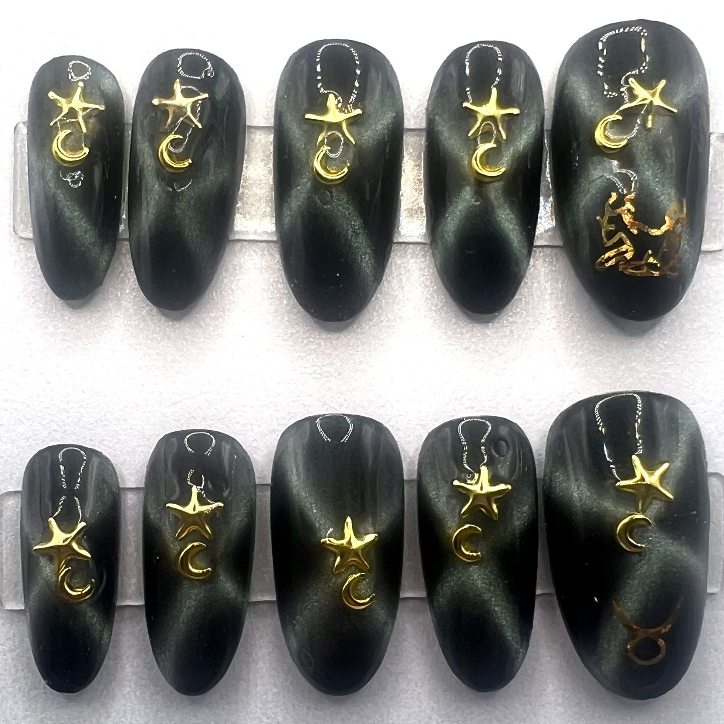 Black Gold Cat Eye Press-on Nails | Star Moon Charms | Taurus After Dark