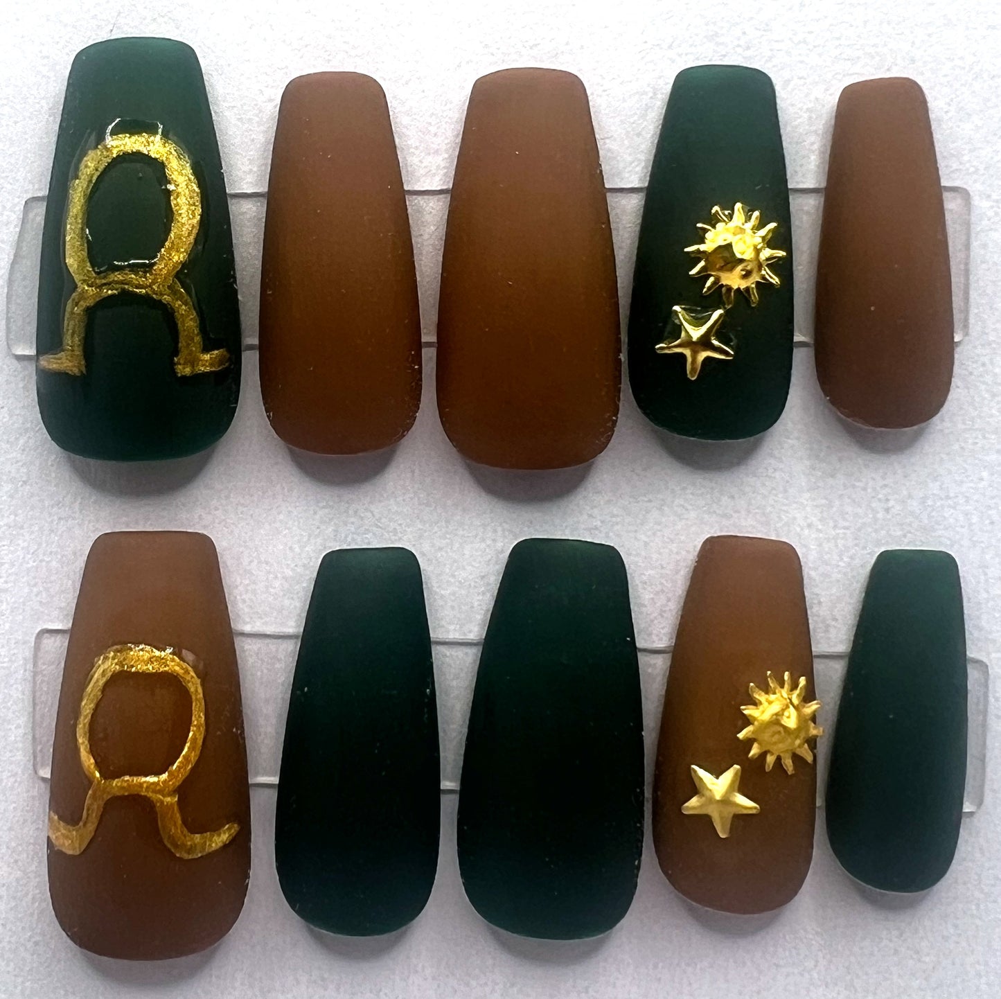 Hand-painted Taurus Press on Nails | Mismatched Brown Green Gold Star | Taurus @ Twilight