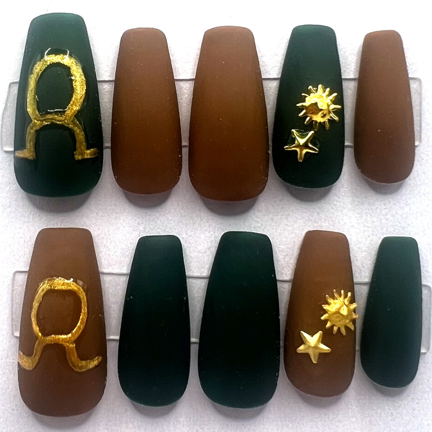 Hand-painted Taurus Press on Nails | Mismatched Brown Green Gold Star | Taurus @ Twilight