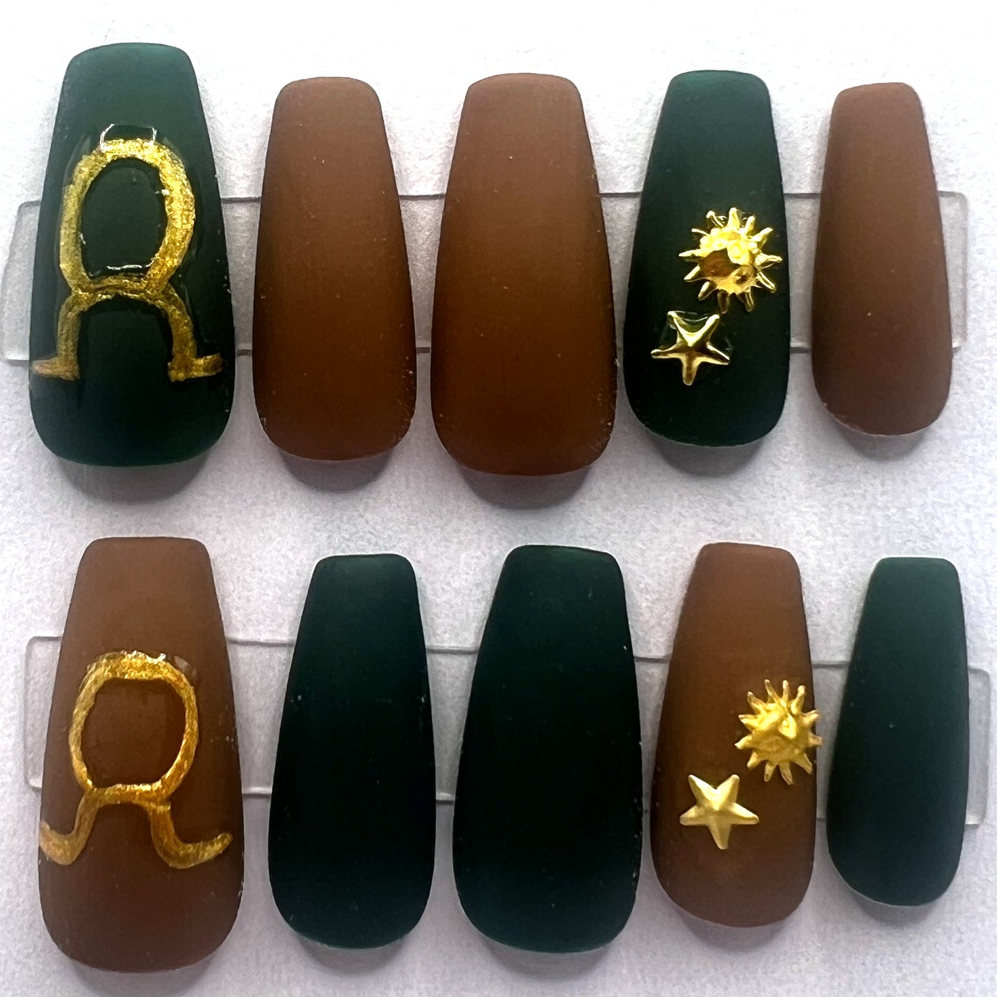 Hand-painted Taurus Press on Nails | Mismatched Brown Green Gold Star | Taurus @ Twilight