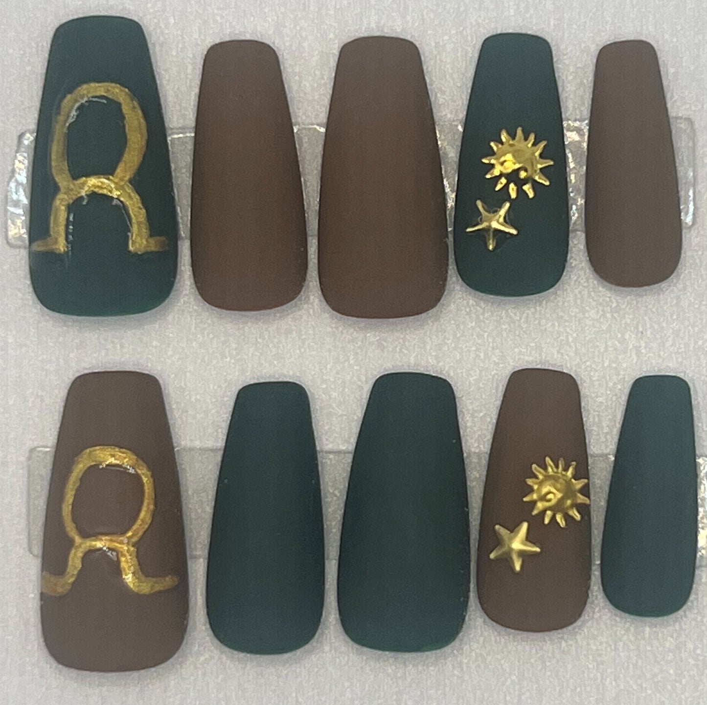Hand-painted Taurus Press on Nails | Mismatched Brown Green Gold Star | Taurus @ Twilight