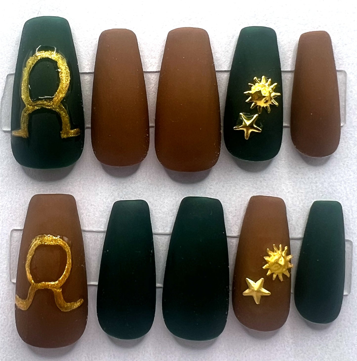 Hand-painted Taurus Press on Nails | Mismatched Brown Green Gold Star | Taurus @ Twilight