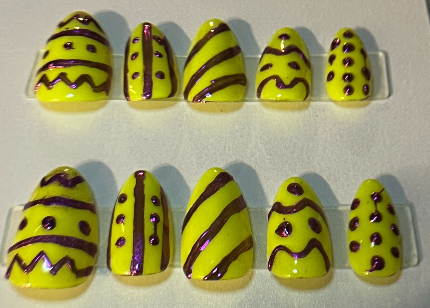 Glow In the Dark UV Neon Easter Egg Press-On Nails | Silver Chrome Art