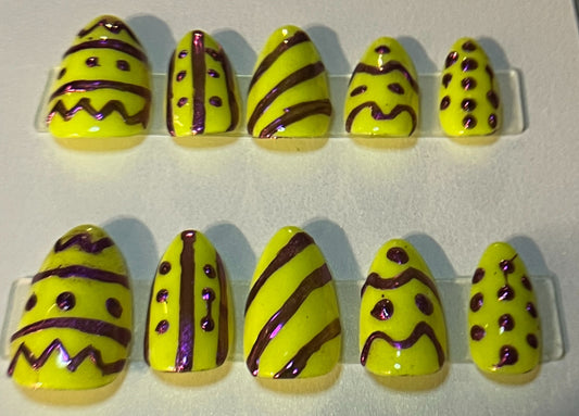 Glow In the Dark UV Neon Easter Egg Press-On Nails | Silver Chrome Art
