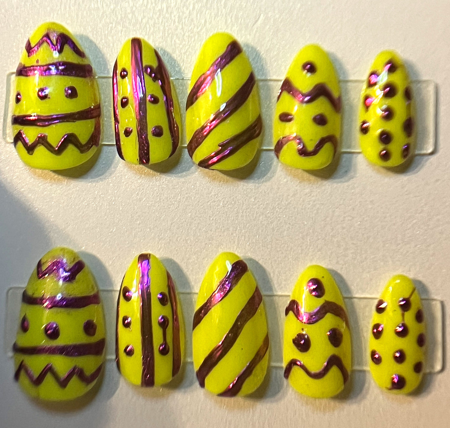 Glow In the Dark UV Neon Easter Egg Press-On Nails | Silver Chrome Art