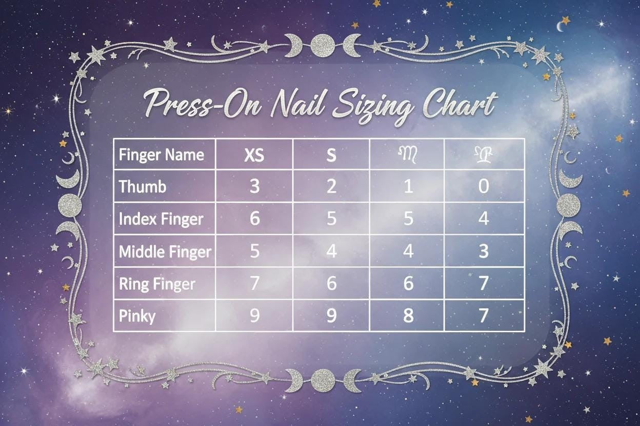 Astral Hue Nails press-on nail sizing chart with XS, S, M, and L columns against a celestial galaxy background