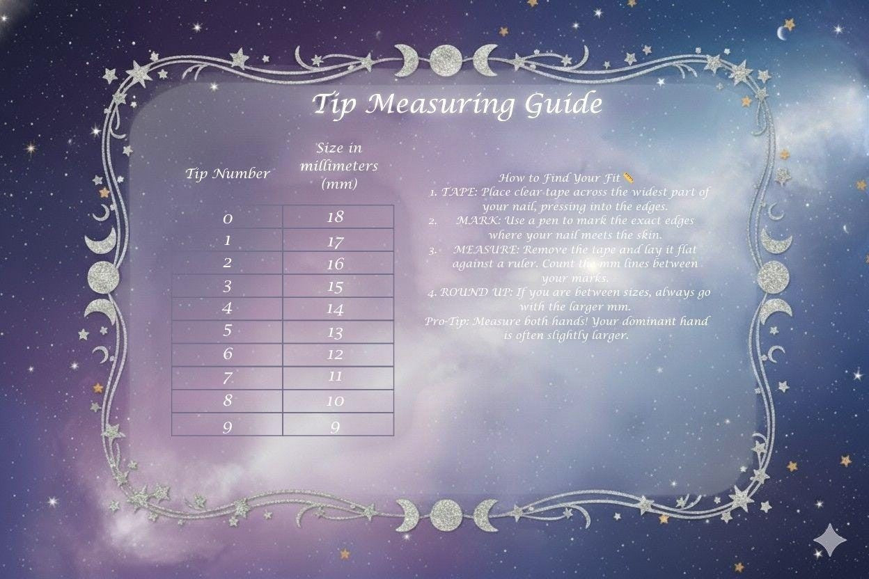 Astral Hue Nails tip measuring guide chart with instructions for sizing press-on nails against a starry galaxy background
