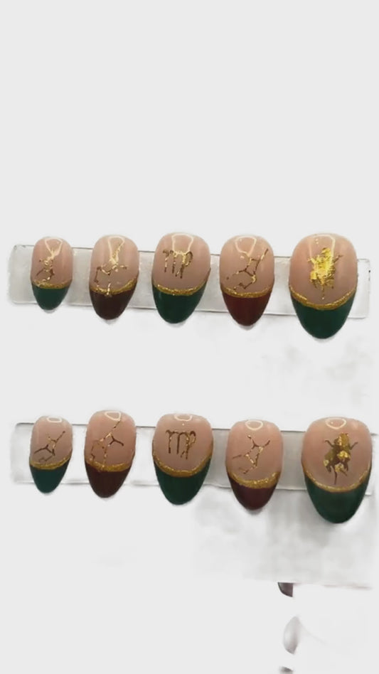 Virgo Zodiac Press On Nails Green Brown French Tip False Nails, Gold Holographic Astrology Decals Gel Nails, Custom Earth Sign Fake Nails