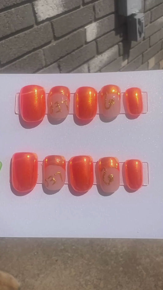Sunburst Leo Zodiac Press On Nails Orange Yellow Chrome False Nails, Mismatched French Tip Astrology Nails, Custom Birthday Fake Nails