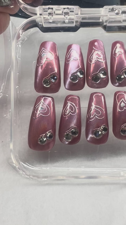 Rosewood Prism | Holographic Heart & Velvet Cat’s Eye Press-On Nails