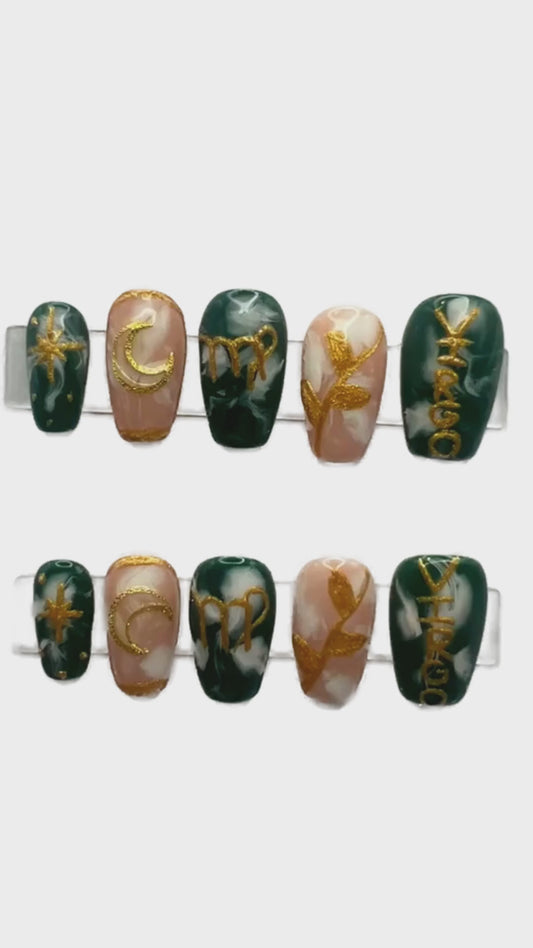 Virgo Zodiac Press On Nails Green Nude Marble Quartz False Nails, Gold Botanical Leaf Moon Astrology Gel Nails, Custom Earth Sign Fake Nails