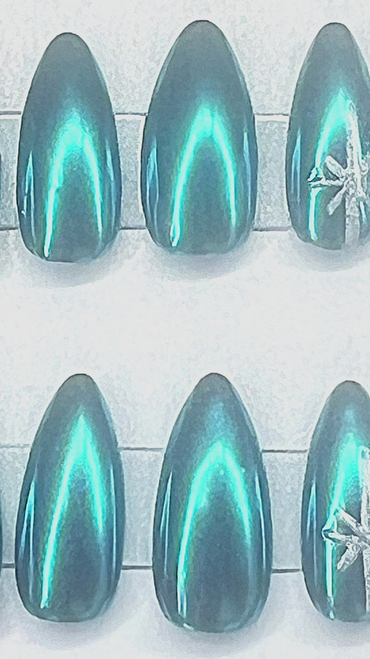 Black Base Blue Mirror Chrome Hand Painted Press-Ons Nails | Celestial Zodiac Sign | Dark Gemini