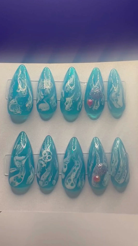 Cancer Zodiac Press On Nails 3D Shell Ocean Wave False Nails, Cerulean Blue Jelly Gel Nails, Custom Beach Pearl Fake Nails